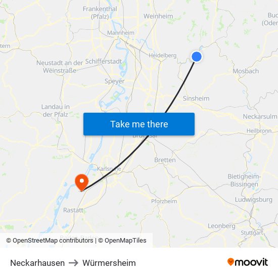 Neckarhausen to Würmersheim map