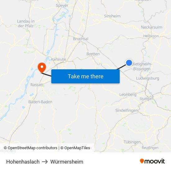 Hohenhaslach to Würmersheim map