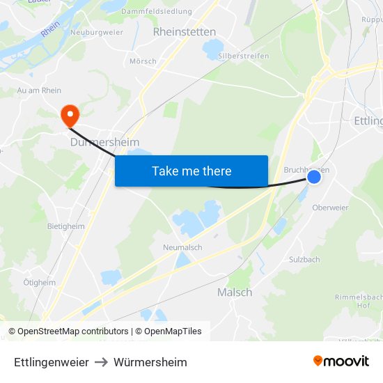 Ettlingenweier to Würmersheim map