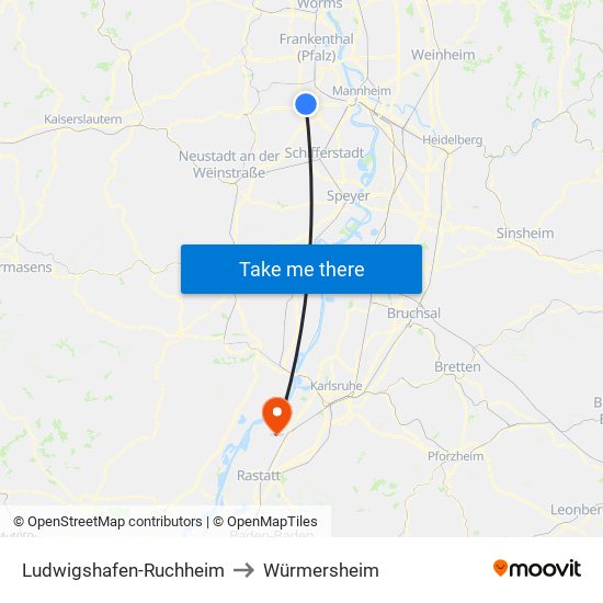 Ludwigshafen-Ruchheim to Würmersheim map