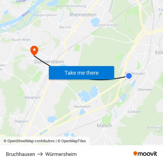 Bruchhausen to Würmersheim map