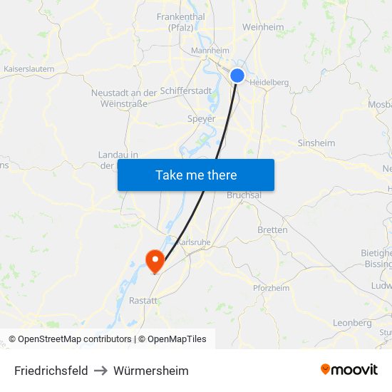 Friedrichsfeld to Würmersheim map