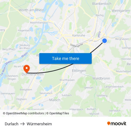 Durlach to Würmersheim map