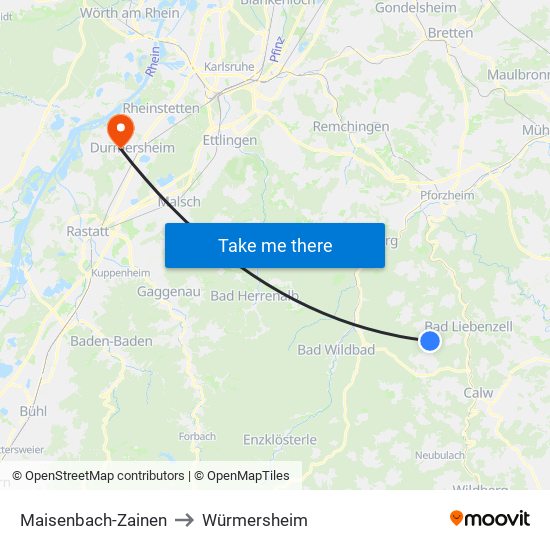 Maisenbach-Zainen to Würmersheim map