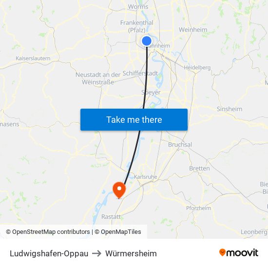 Ludwigshafen-Oppau to Würmersheim map