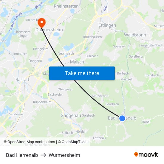 Bad Herrenalb to Würmersheim map