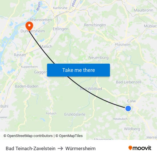 Bad Teinach-Zavelstein to Würmersheim map