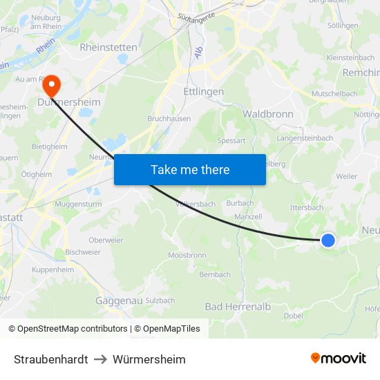 Straubenhardt to Würmersheim map