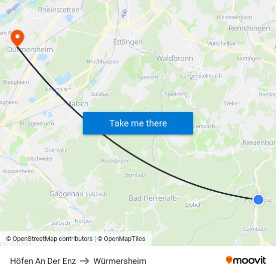 Höfen An Der Enz to Würmersheim map