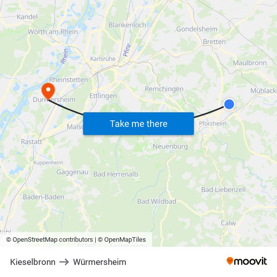 Kieselbronn to Würmersheim map