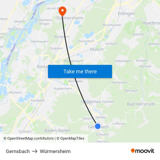 Gernsbach to Würmersheim map