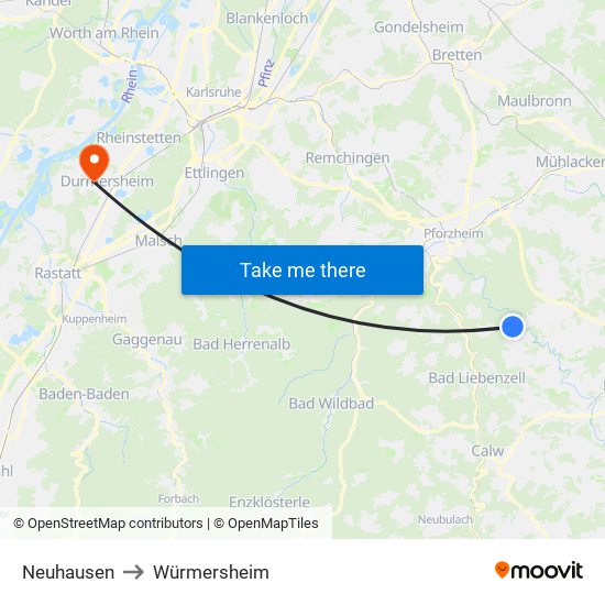 Neuhausen to Würmersheim map