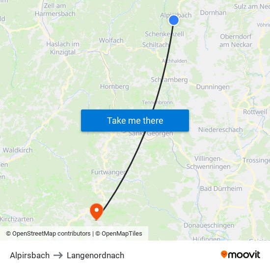 Alpirsbach to Langenordnach map