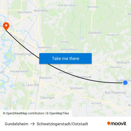Gundelsheim to Schwetzingerstadt/Oststadt map