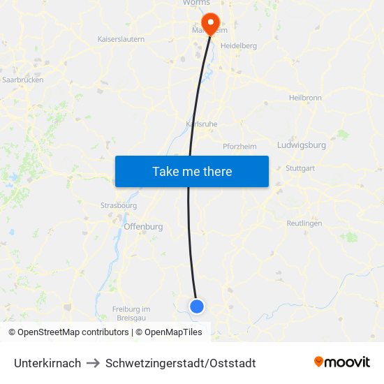 Unterkirnach to Schwetzingerstadt/Oststadt map