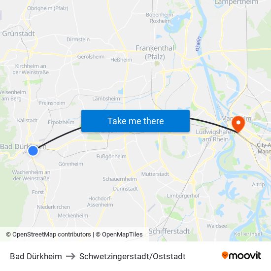 Bad Dürkheim to Schwetzingerstadt/Oststadt map