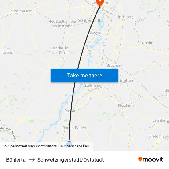 Bühlertal to Schwetzingerstadt/Oststadt map