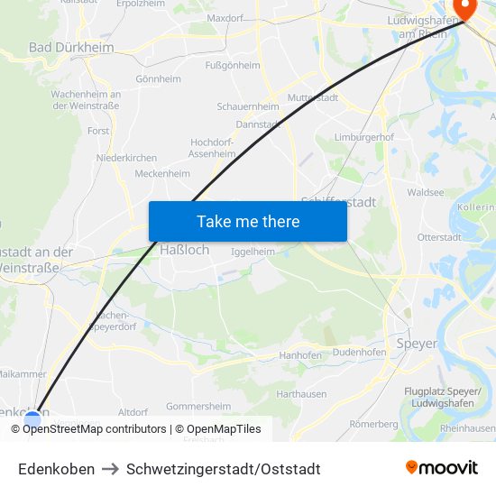 Edenkoben to Schwetzingerstadt/Oststadt map