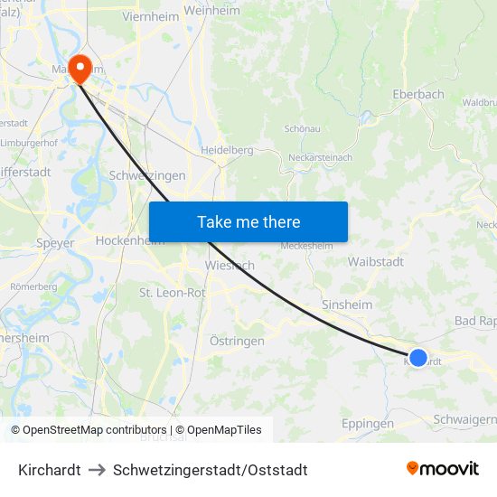 Kirchardt to Schwetzingerstadt/Oststadt map