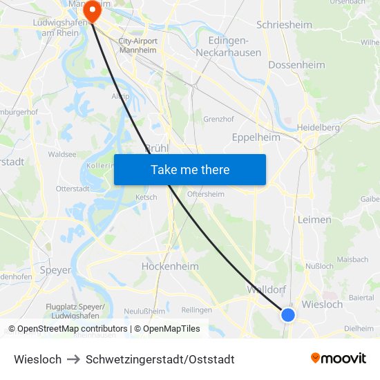 Wiesloch to Schwetzingerstadt/Oststadt map