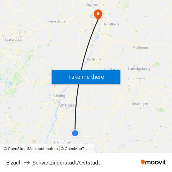 Elzach to Schwetzingerstadt/Oststadt map