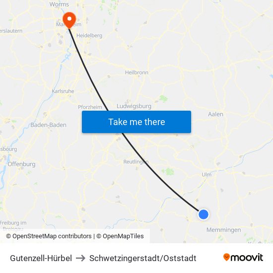 Gutenzell-Hürbel to Schwetzingerstadt/Oststadt map