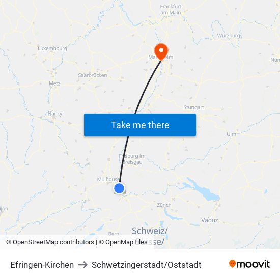 Efringen-Kirchen to Schwetzingerstadt/Oststadt map