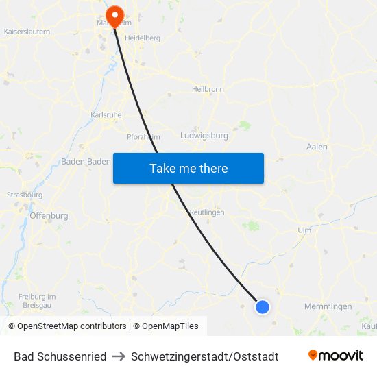 Bad Schussenried to Schwetzingerstadt/Oststadt map