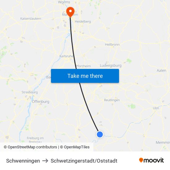 Schwenningen to Schwetzingerstadt/Oststadt map