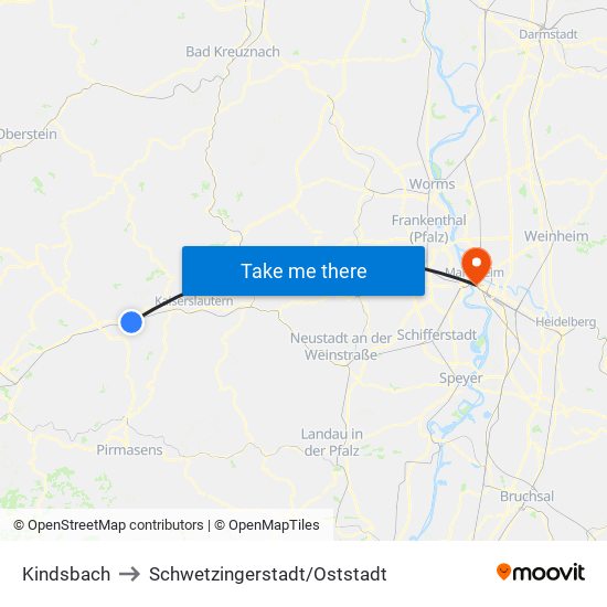 Kindsbach to Schwetzingerstadt/Oststadt map