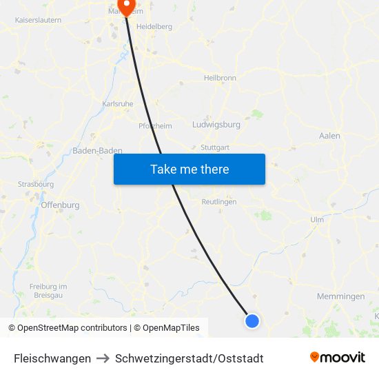 Fleischwangen to Schwetzingerstadt/Oststadt map