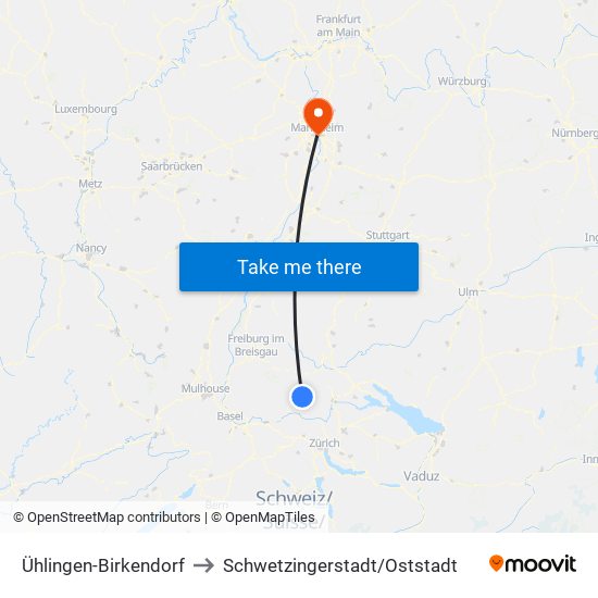 Ühlingen-Birkendorf to Schwetzingerstadt/Oststadt map
