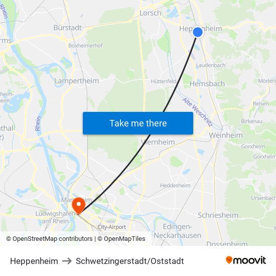 Heppenheim to Schwetzingerstadt/Oststadt map