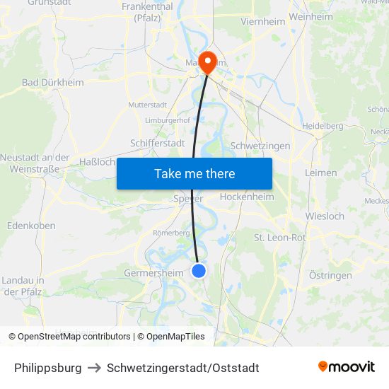 Philippsburg to Schwetzingerstadt/Oststadt map