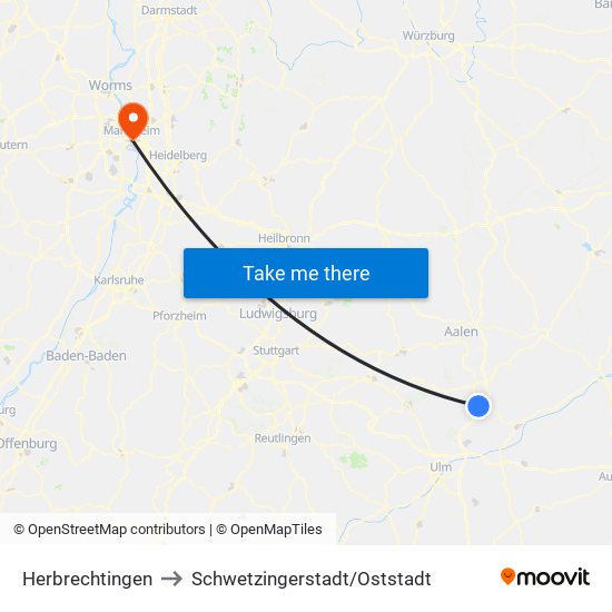 Herbrechtingen to Schwetzingerstadt/Oststadt map
