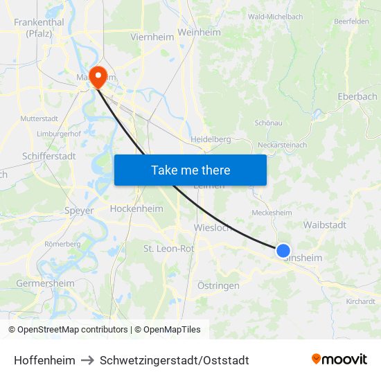 Hoffenheim to Schwetzingerstadt/Oststadt map