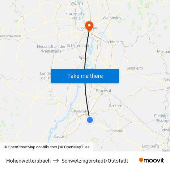 Hohenwettersbach to Schwetzingerstadt/Oststadt map
