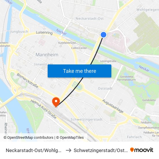 Neckarstadt-Ost/Wohlgelegen to Schwetzingerstadt/Oststadt map