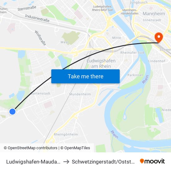 Ludwigshafen-Maudach to Schwetzingerstadt/Oststadt map