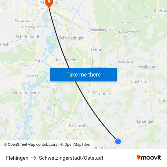 Flehingen to Schwetzingerstadt/Oststadt map
