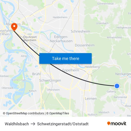 Waldhilsbach to Schwetzingerstadt/Oststadt map