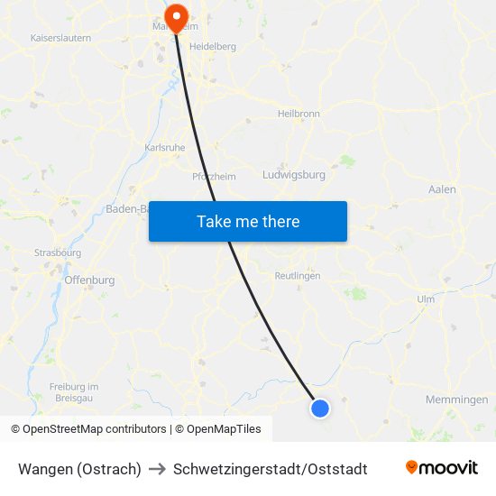 Wangen (Ostrach) to Schwetzingerstadt/Oststadt map
