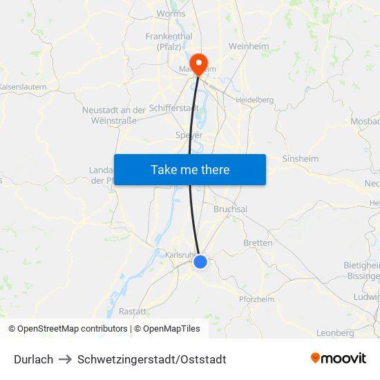 Durlach to Schwetzingerstadt/Oststadt map