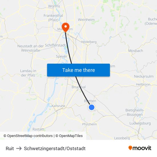 Ruit to Schwetzingerstadt/Oststadt map