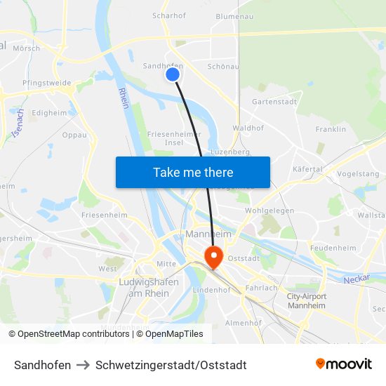 Sandhofen to Schwetzingerstadt/Oststadt map