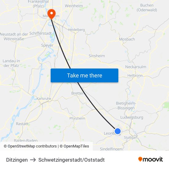 Ditzingen to Schwetzingerstadt/Oststadt map