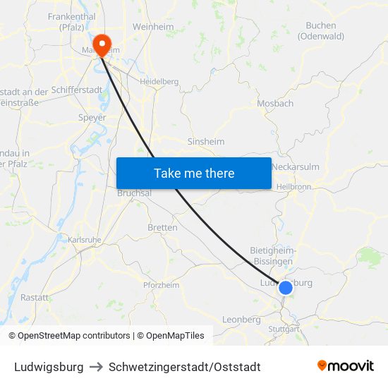 Ludwigsburg to Schwetzingerstadt/Oststadt map