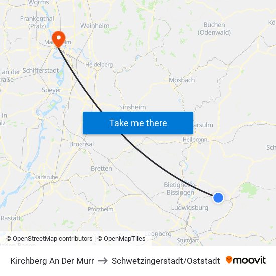 Kirchberg An Der Murr to Schwetzingerstadt/Oststadt map