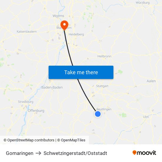 Gomaringen to Schwetzingerstadt/Oststadt map