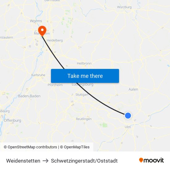 Weidenstetten to Schwetzingerstadt/Oststadt map